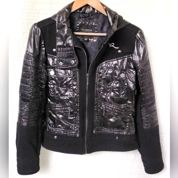 Y2K Retro ROCAWEAR Moto Style Jacket w/Mixed Fabrics, Ruching in Black Women's M - Picture 3 of 12